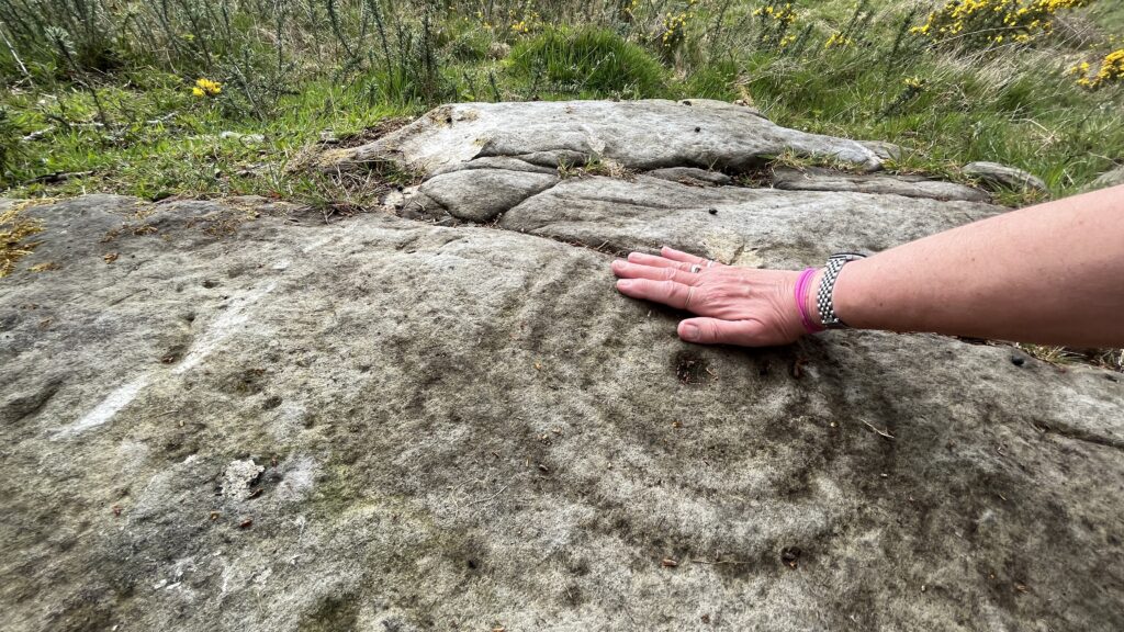 My hand beside one of the Cowie Carved Stones